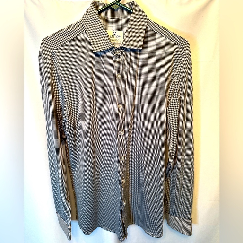 Mizzen + Main Long Sleeve Button Shirt Men's Medium Trim Fit Stretch Black Check